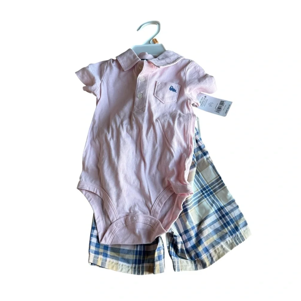 NWT Carter's Baby Pink Polo Onesie with Plaid Shorts 2‎ piece set